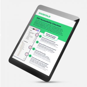 A tablet tilted on a gray background displays a green and white “PDF Accessibility Checklist” by Fivefold. The screen shows a list of accessibility checks with numbered steps, icons, and a sidebar preview of a PDF document with bookmarks and tags visible.