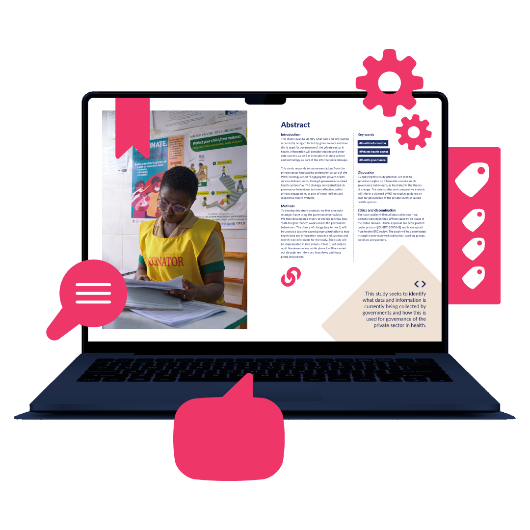 A laptop with a document open and illustrations around it representing PDF accessibility