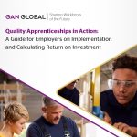 Thumbnail image cropped GAN's cover of an apprenticeship implementation and ROI guide report, featuring bold purple typography and angled photographic panels of apprentices working in technical environments.